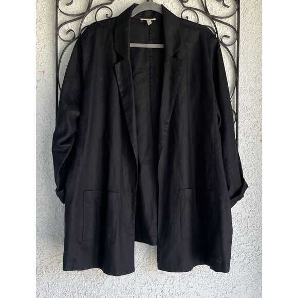 Eileen Fisher Notched Lapel Longline Organic Linen Open Blazer - Size 1X- Black - Picture 4 of 13